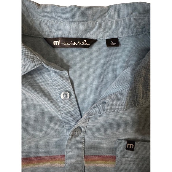 Travis Mathew Mens Polo Shirt Size L Blue Striped Short Sleeve Golf Casual - Picture 3 of 5